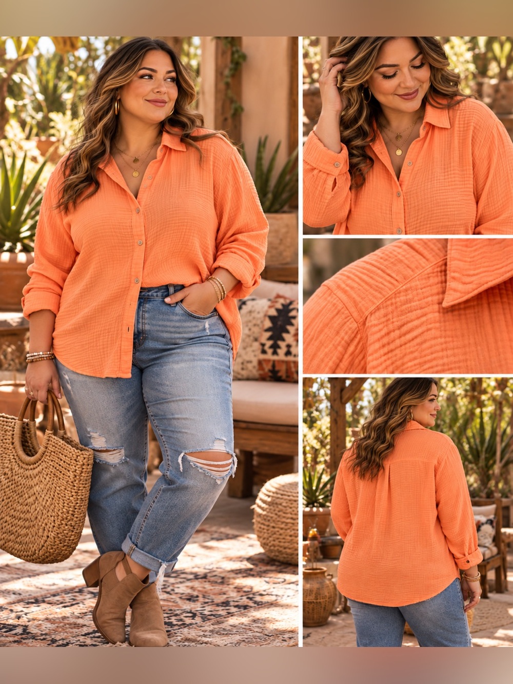 Lane Bryant Coral Cotton Gauze Button Down Shirt 14/16 Coastal Boho